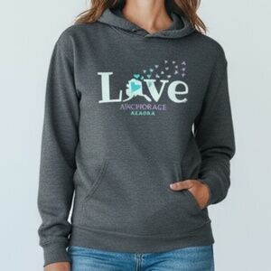 LOVE ANCHORAGE · CHARCOAL GRAY GRAPHIC PULLOVER HOODIE - SMALL